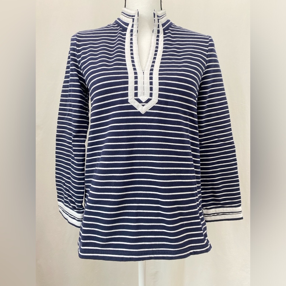 Talbots Navy White Striped Top Petite size XS (0/2) Nautical Coastal 3/4 Sleeve